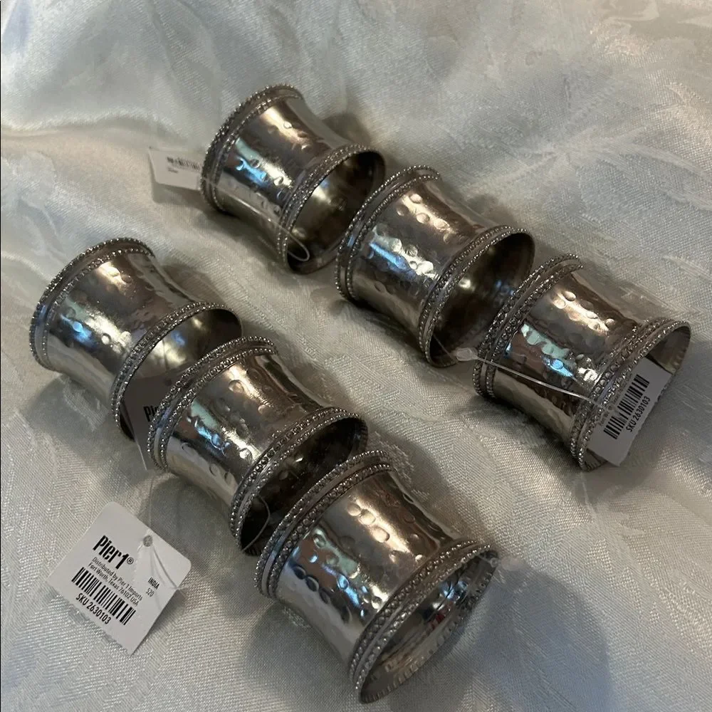 Pier 1 Hammered Silver Napkin Rings six piece Set NWT